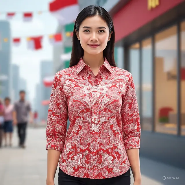 Atasan Batik Kombinasi Polos Modern Tema Hari Kemerdekaan 17 Agustus 1945 (Foto: Meta AI))