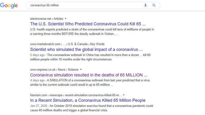 Cek Fakta: Ahli Kesehatan Memprediksi Virus Corona 2019-nCoV Bisa Membunuh 65 Juta Manusia?  (Google Search)