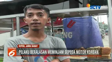 Seorang pedagang gorengan di Depok kehilangan sepeda motornya, setelah menjadi korban hipnotis yang dilakukan seorang pria dengan modus meminjam kendaraannya tersebut.