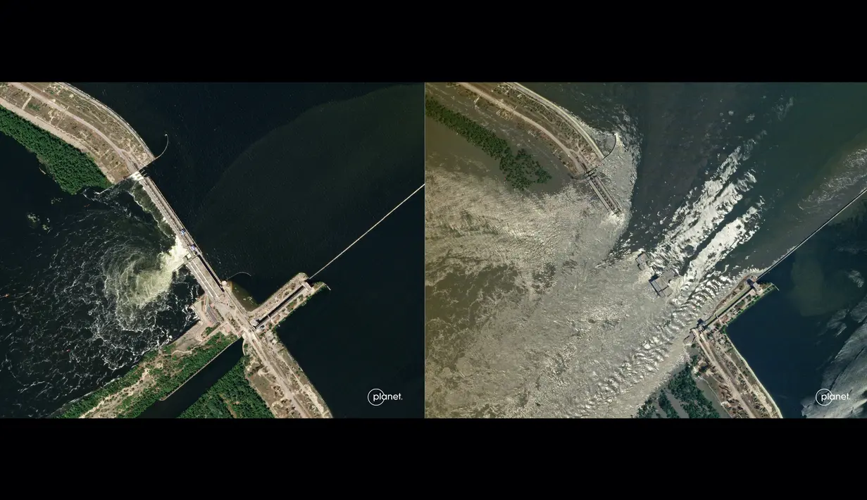 Kombinasi gambar selebaran SkySat oleh Planet Labs ini menunjukkan (kiri) gambar SkySat yang diambil pada 4 Juni 2023 yang dirilis pada 6 Juni 2023 menunjukkan bendungan HPP Kakhovka yang tidak rusak dan (kanan) gambar yang diambil pada 6 Juni 2023 memperlihatkan air yang mengalir melalui bendungan Kakhovka HPP yang rusak. (Handout / 2023 Planet Labs PBC / AFP)