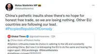 Anggota parlemen Lithuania, Matas Maldeikis, terang-terangan meledek China. Dok Twitter @matasmaldeikis
