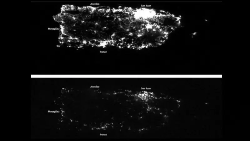 Gambar Puerto Riko gelap gulita pascaterjangan Badai Maria. (Twitter/@NOAASATELLITES