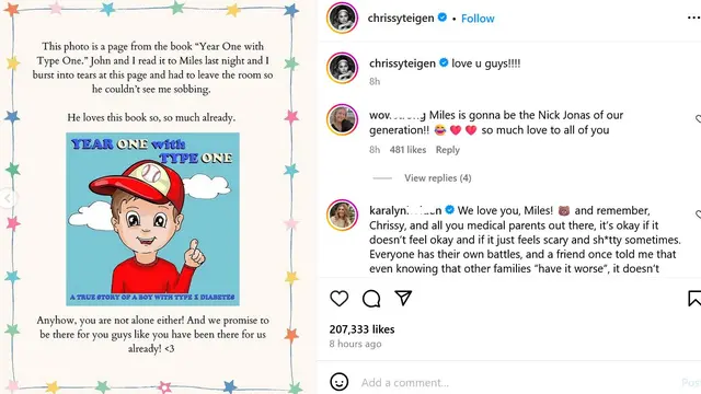 Unggahan Chrissy Teigen mengenai Miles yang didiagnosis menderita diabetes. (Instagram/ chrissyteigen)