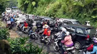 Ratusan kendaraan pelat B terjebak kemacetan di kawasan Riung Gunung, Puncak, Cisarua, Bogor, Jabar. (Antara/Jafkhairi)