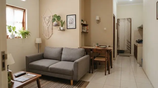 Rumah kecil dengan ruang tamu dan ruang makan menyatu sehingga terlihat elegan untuk hunian KPR dan subsidi model sofa menghadap dinding dan meja makan di belakangnya