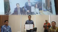Pertamina NRE dan RusHydro menandatangani nota kesepahaman tentang pengembangan pembangkit listrik tenaga air (PLTA) di Indonesia. (Dok Pertamina)