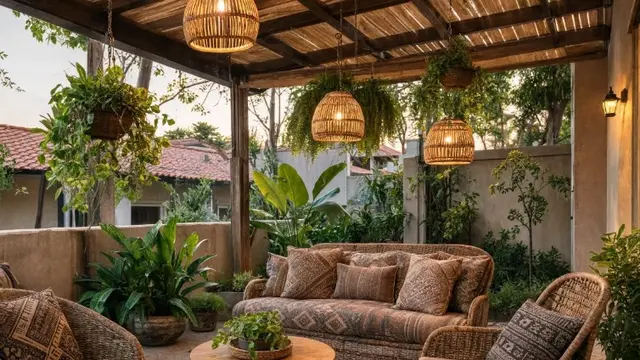 Inspirasi Area Duduk Outdoor di Halaman Belakang dengan Pergola dan Tanaman Hias (AI Generated)