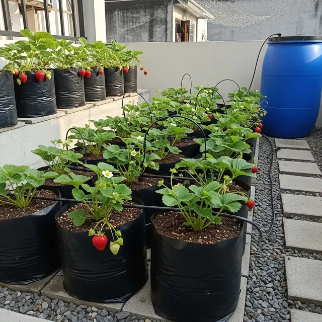 Kebun Buah di Polybag dengan Sistem Irigasi Sederhana untuk Lahan Terbatas (Image by Gemini AI)