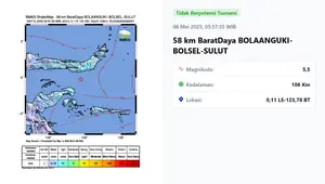 Gempa&nbsp;hari ini,&nbsp;Selasa (6/5/2025)&nbsp;pukul 05:57:35 WIB menggetarkan wilayah Bolaang Uki, Kabupaten Bolaang Mongondow Selatan, Provinsi Sulawesi Utara (Sulut). (www.bmkg.go.id)