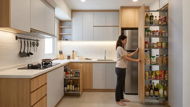 Model Dapur Kecil dengan Penyimpanan Vertikal agar Leluasa saat Masak/AI Generated