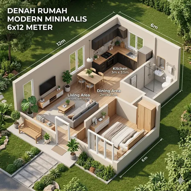 Denah Rumah 6x12 dengan Ruang Makan Kecil