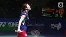 Pebulu tangkis ganda campuran Jepang Arisa Higashino saat melawan pebulu tangkis ganda campuran China Zheng Si Wei/Huang Ya Qiong pada pertandingan final East Ventures Indonesia Open 2022 di Istora, Senayan, Jakarta, Minggu (19/6/2022). Zheng Si Wei/Huang Ya Qiong menjuarai Indonesia Open 2022 usai mengalahkan Yuta Watanabe/Arisa Higashino dengan skor 21-14 dan 21-16. (Liputan6.com/Faizal Fanani)