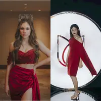 Wulan Guritno tampil dengan atasan berkancing hitam sleeveless dua sisi, sisi satunya berwarna merah dan sisi berikutnya warna sesuai dengan warna celananya. [@wulanguritno]