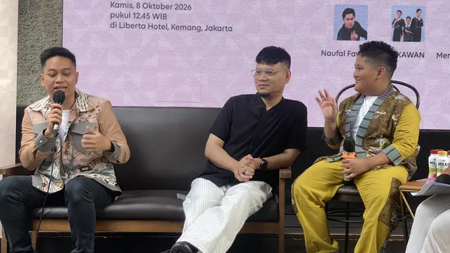 Arsha Composer, Meltho, dan Krishna Sakti dalam konferensi pers Perilisan Karya Terbaru Krishna Sakti yang dihelat di Jakarta, Kamis (8/10/2026). (Liputan6.com/Nola Vemiliana)