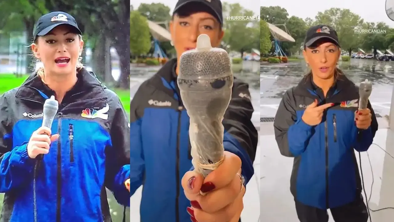 Potret Reporter Kyla Galer Saat Siaran dengan Mikrofon Berbalut Kondom (Sumber: Instagram @kylagaler)