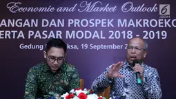 Head Of Economic Research Danareksa Research Institute Damhuri Nasution (kanan) saat diskusi Economic dan Market Outlook di Jakarta Rabu (19/9). Danareksa Sekuritas memproyeksikan  perekonomian dalam negeri di 2019 masih baik. (Liputan6.com)