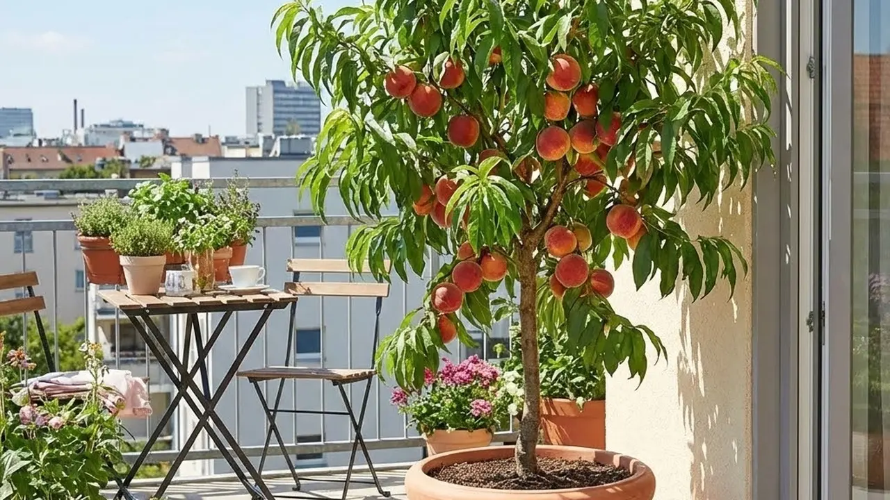 Ilustrasi Tanaman Buah Persik di Balkon Rumah