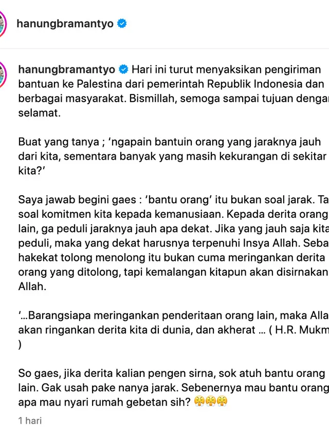 Unggahan Hanung Bramantyo. (Foto: Dok. Instagram @hanungbramantyo)