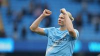 Erling Haaland merayakan golnya pada laga Premier League antara Manchester City dan Burnley di Stadion Etiha - AP Photo/Jon Super