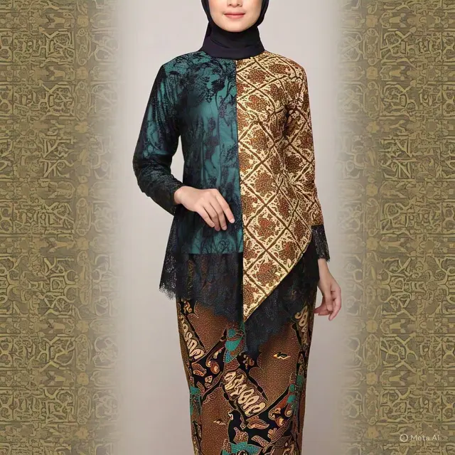 Gamis Batik Kombinasi Brokat dan Kain Polos