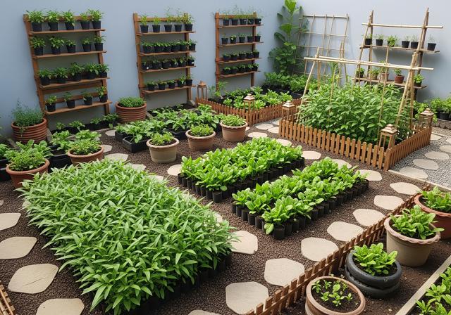 Kebun Sayur Kombinasi Estetis dan Fungsional/Desain Kebun Sayur Rumahan untuk Kangkung dan Bayam (Sumber: gemini.com)