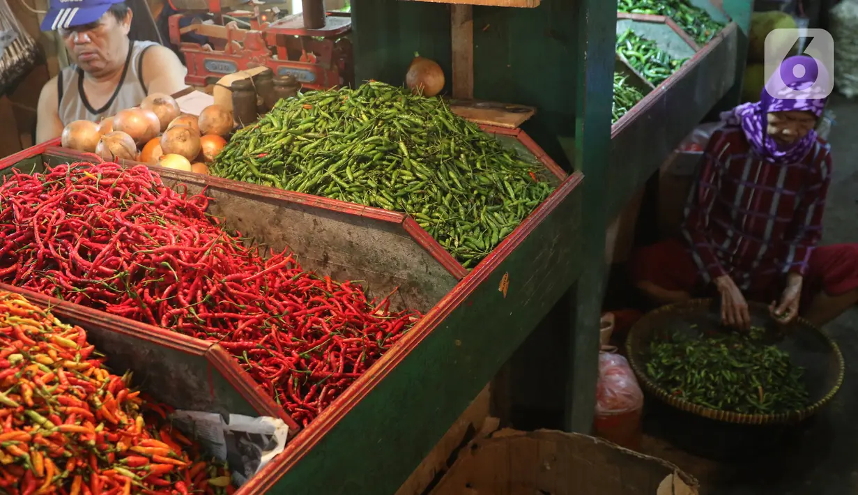 Aktivitas perdagangan cabai di Pasar Senen, Jakarta, Selasa (14/1/2020). Pada musim penghujan tahun ini harga berbagai macam cabai di pasar tersebut  meroket dari hanya Rp20 ribu per kilogram naik hampir mencapai Rp80 ribu. (Liputan6.com/Angga Yuniar)