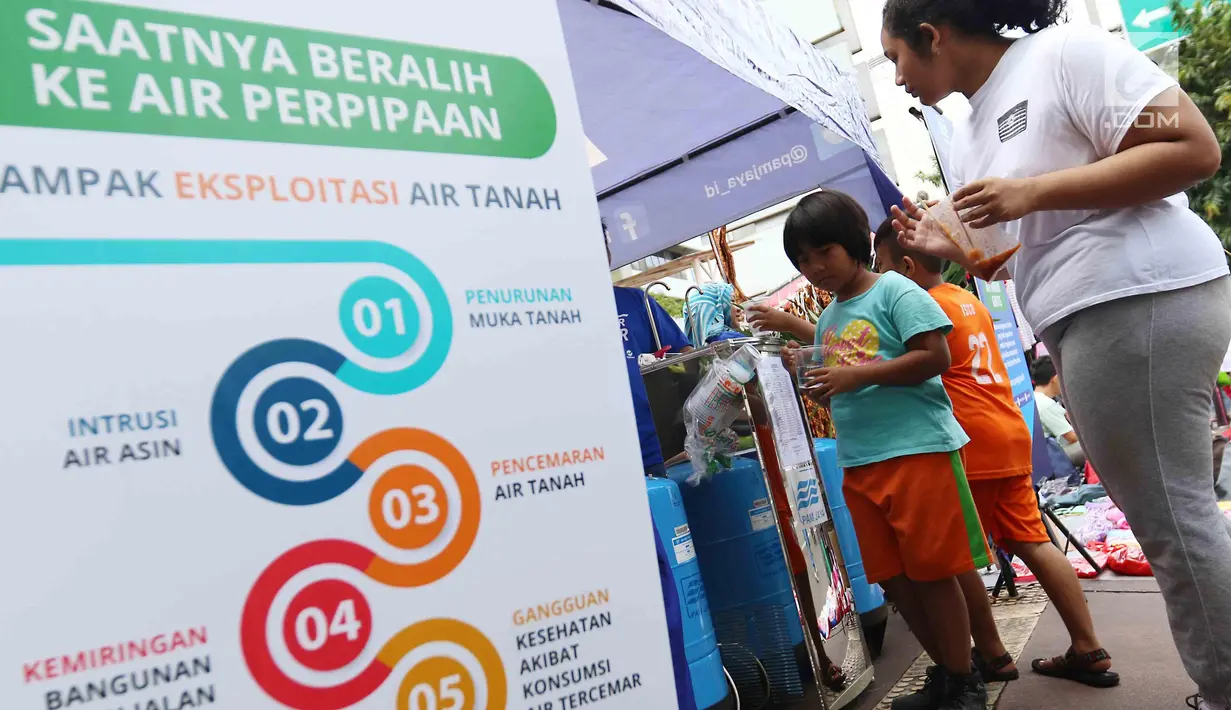 Warga mengantre mengambil air minum gratis saat run for water di CFD, Jakarta, Minggu (25/3). Run For Water kolaborasi PAM Jaya, Palyja, dan Aetra mengkampanyekan Hari Air Dunia 2018 mengajak masyarakat ayo peduli air Jakarta. (Liputan6.com/Angga Yuniar)