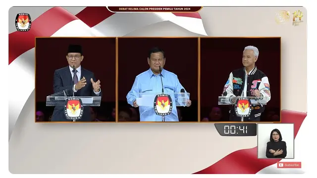 Calon Presiden (Capres) nomor urut 01 Anies Baswedan, Capres nomor urut 02 Prabowo Subianto, dan Capres nomor urut 03 Ganjar Pranowo saat debat Pilpres 2024 terakhir yang digelar Minggu (4/2/2024) di JCC.