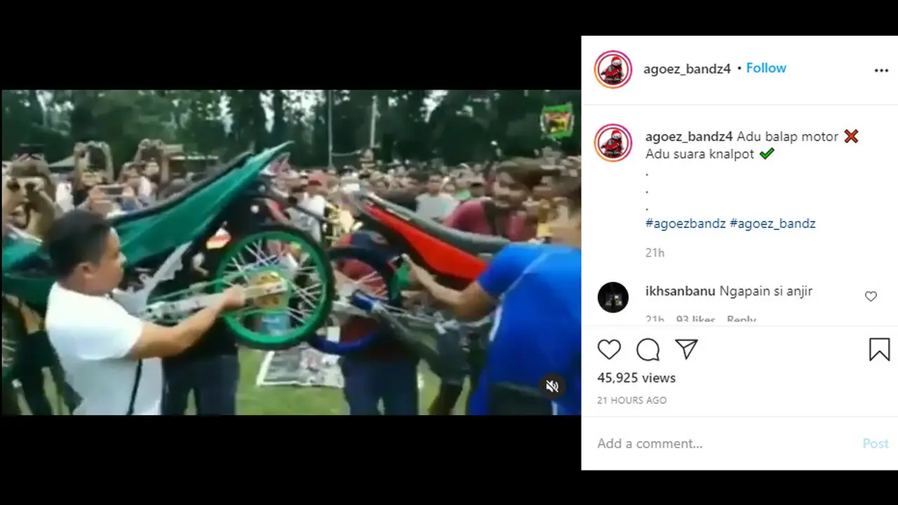 Namun hal berbeda terlihat dari video yang dibagikan akun Instagram @agoez_bandz4. Terlihat lomba yang diselenggarakan ialah adu suara knalpot.