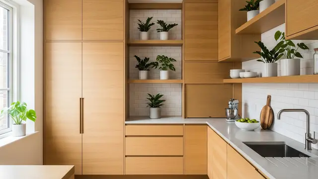 Dapur Japandi Sederhana dengan Kabinet Tinggi