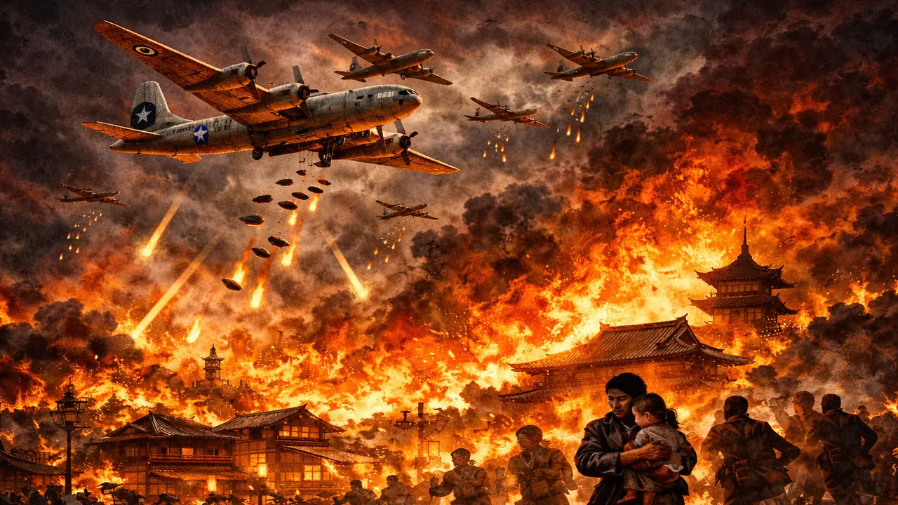 Ilustrasi Operasi Meetinghouse, yakni ketika Amerika Serikat menjatuhkan bom pembakar dari ratusan pesawat B-29 ke kawasan permukiman padat di Tokyo pada 9–10 Maret 1945.