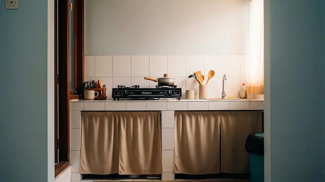 Dapur Open Space dengan Tirai Penyimpanan