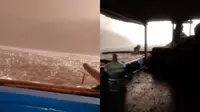 Tangkapan layar video amatir kapal nelayan dihujani material vulkanik berupa batu-batu kecil yang terlontar dari aktivitas erupsi. (Liputan6.com/Istimewa).