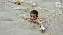 Seorang anak berenang di Kali Ciliwung yang meluap, Kebon Pala, Jatinegara, Jakarta Timur, Minggu (31/10/2021). Aliran Kali Ciliwung yang meluap akibat hujan di kawasan hulu dimanfaatkan anak-anak untuk berenang meski membahayakan keselamatan. (merdeka.com/Iqbal S. Nugroho)