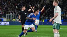 Sandro Tonali merayakan golnya dalam laga play-off kualifikasi Piala Dunia 2026 antara Italia vs Irlandia Utara di New Balance Arena, 27 Maret 2026. (AP Photo/Antonio Calanni)