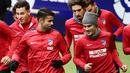 Striker Atletico Madrid, Diego Costa, saat mengikuti sesi latihan di Stadion Wanda Metropolitan, Madrid, Minggu (31/12/2017). Diego Costa resmi kembali berseragam Atletico Madrid setelah terdepak dari skuad Chelsea. (AFP/Pierre-Philippe Marcou)