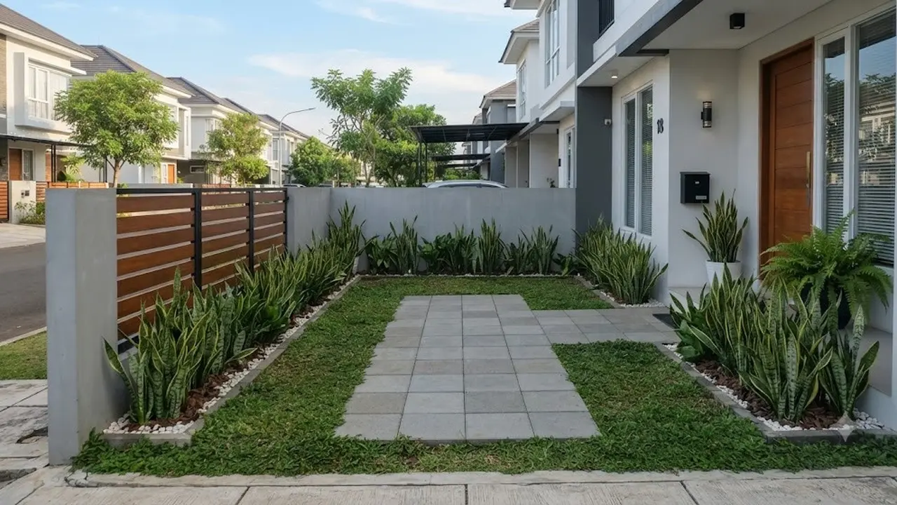 Inspirasi Halaman Rumah dengan Sansevieria dan Paving Block (AI Generated)