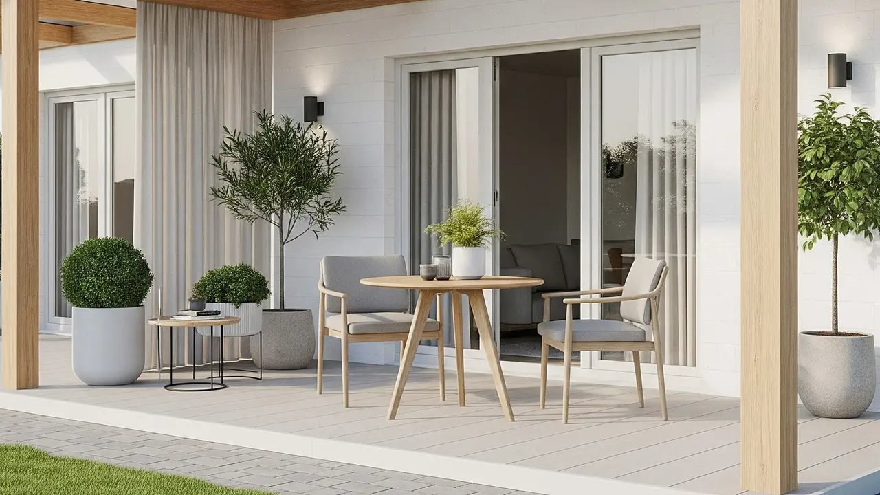 Model Teras Rumah Ala Skandinavia dengan Atap Kayu Terbuka yang Natural (Image by Gemini AI)