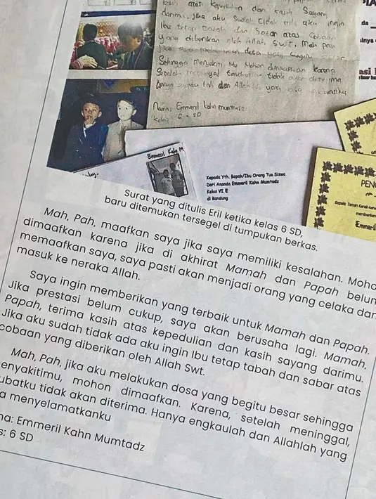 "SURAT ERIL saat kelas VI SD yang baru ditemukan akhir-akhir ini..Masya Allah.. saya tidak tau mengapa surat itu tidak diberikan kepada saya, padahal surat itu ditujukan utk orang tua pada saat eril kls 6 SD..," tulis ataliapr dalam unggahan 29 Mei. [Instagram/ataliapr]