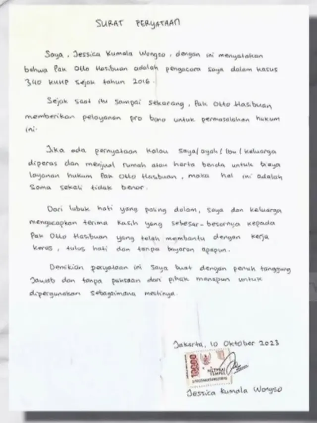 Jessica Wongso Tulis Surat dari Penjara, Bantah Keluarganya Diperas demi Bayar Otto Hasibuan