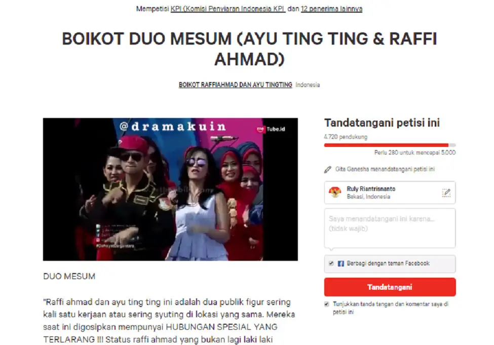 Capture Petisi Boikot Raffi Ahmad dan Ayu Ting Ting