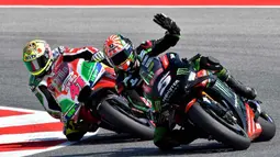 Pebalap Yamaha Tech, Johann Zarco, saat sesi kualifikasi MotoGP San Marino di Sirkuit Marco Simoncelli, Minggu (9/9/2018). Lorenzo menjadi yang tercepat dengan catatan waktu 1 menit 31,629 detik. (AFP/Tiziana Fabi)