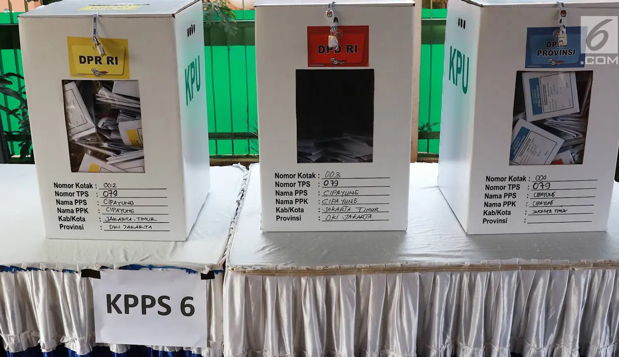 Kotak suara Pemilu 2019 terlihat di TPS 079 Panti Sosial Bina Laras Harapan Sentosa 2, Jakarta, Rabu (17/4). Di TPS tersebut, pasangan nomor urut 01 memperoleh 61 suara, pasangan nomor urut 02 memperoleh 55 suara, sementara suara tidak sah sebanyak 88 suara. (Liputan6.com/Immanuel Antonius)
