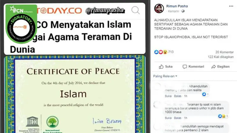 [Cek Fakta] Gambar Tangkapan Layar Tentang Sertifikat UNESCO