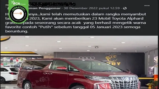 Gambar Tangkapan Layar Informasi Hoaks Penawaran Hadiah Mobil Toyota Alphard dalam Rangka Menyambut Tahun Baru 2023 (sumber: Facebook).
