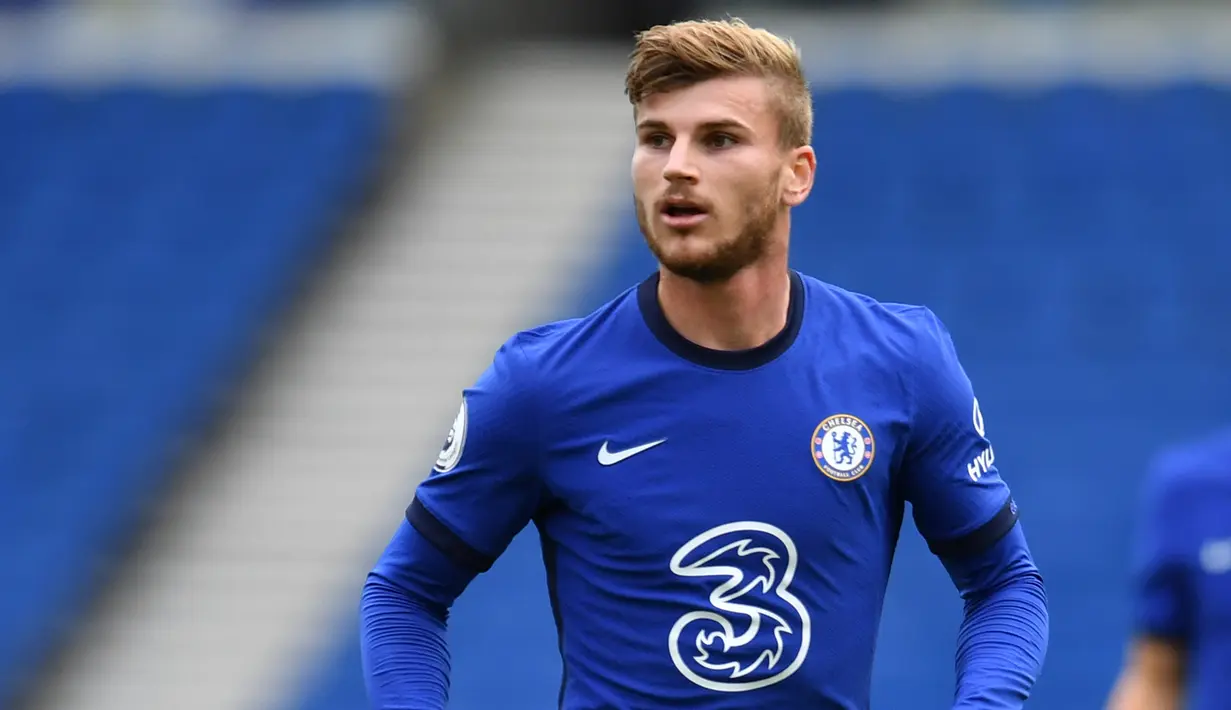 1. Timo Werner - Bomber berusia 24 tahun asal Jerman ini didatangkan Chelsea dari klub Bundesliga RB Leipzig. Chelsea mengeluarkan dana sebanyak 53 juta euro untuk melabuhkan Kai Havertz dari RB Leipzig. (AFP/Glyn Kirk)