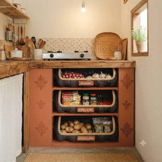 Inspirasi rak penyimpanan dari galon bekas untuk dapur mungil model laci terbuka