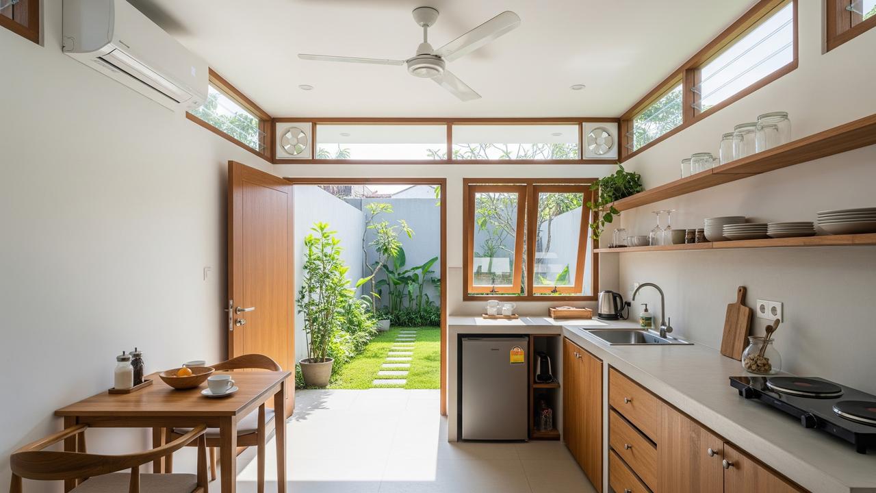 Dapur Mini dengan Konsep Terbuka ke Halaman Belakang