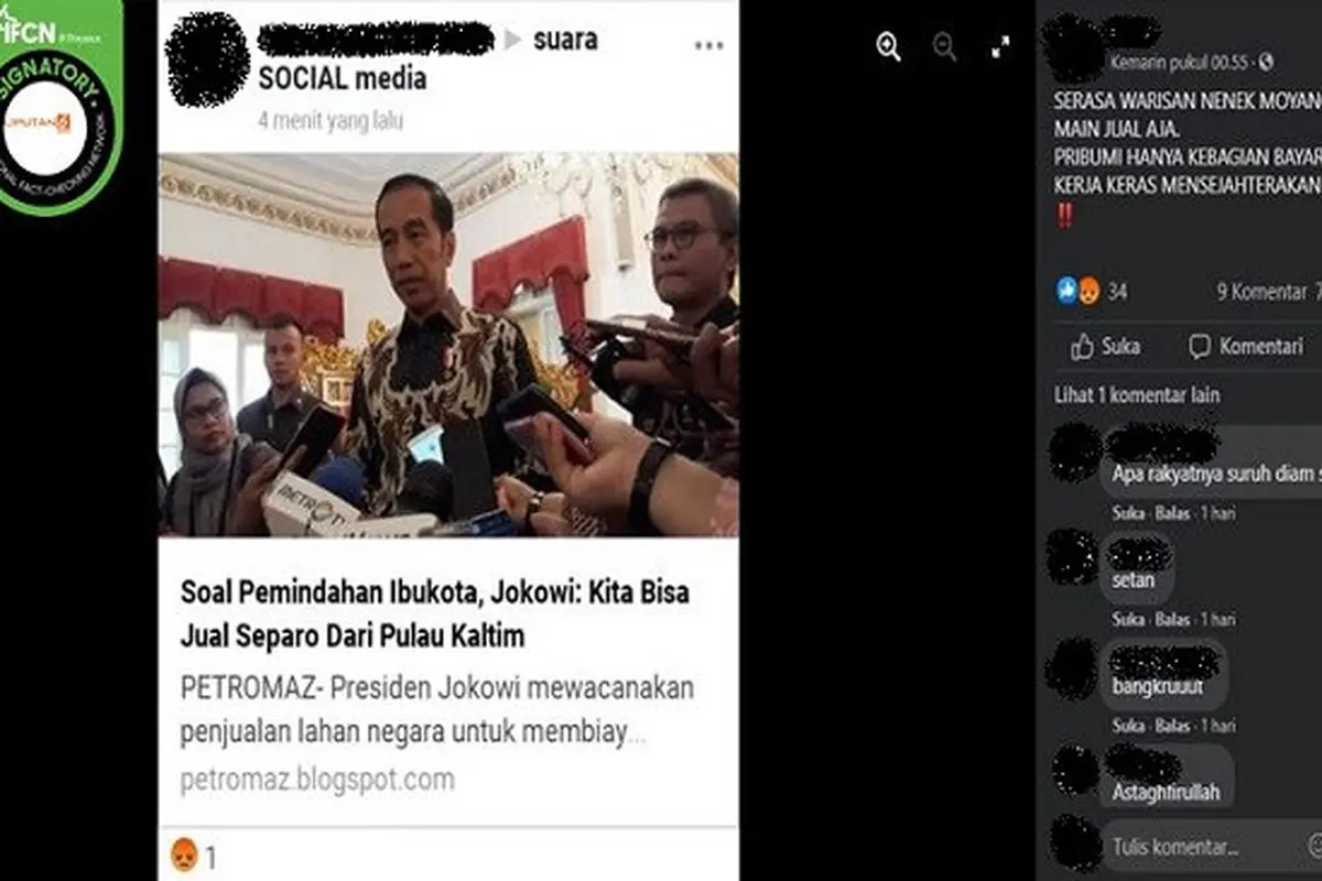 Gambar Tangkapan Layar Kabar Jokowi Menjual Separuh Kalimantan Timur untuk Ibukota Baru (sumber: Facebook).