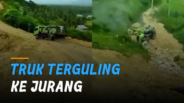 Beredar video sebuah truk tergelincir di jalanan tanah dan terguling ke jurang.